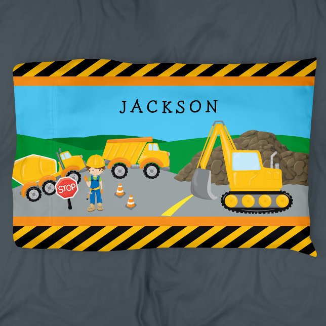 Cute Little Boy Construction Vehicle Monogrammed Pillowcase (Creator Uploaded)