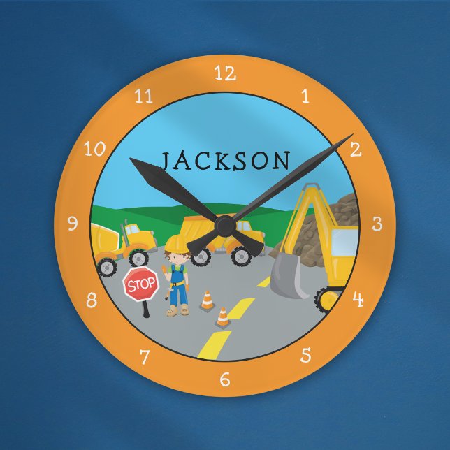 Cute Little Boy Construction Vehicle Monogrammed Round Clock (Creator Uploaded)