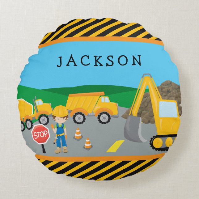 Cute Little Boy Construction Vehicle Monogrammed Round Cushion (Front)