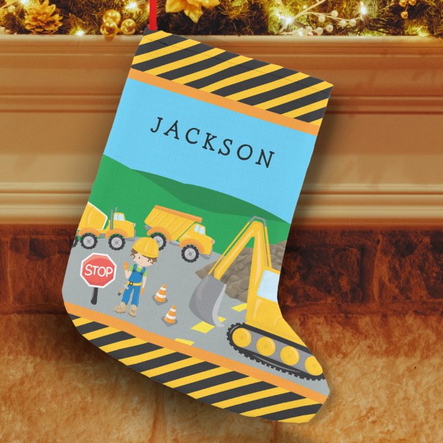 Cute Little Boy Construction Vehicle Monogrammed Small Christmas Stocking (Creator Uploaded)