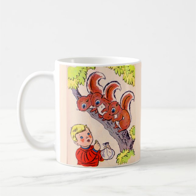 cute little boy feeds cute little squirrels coffee mug (Left)