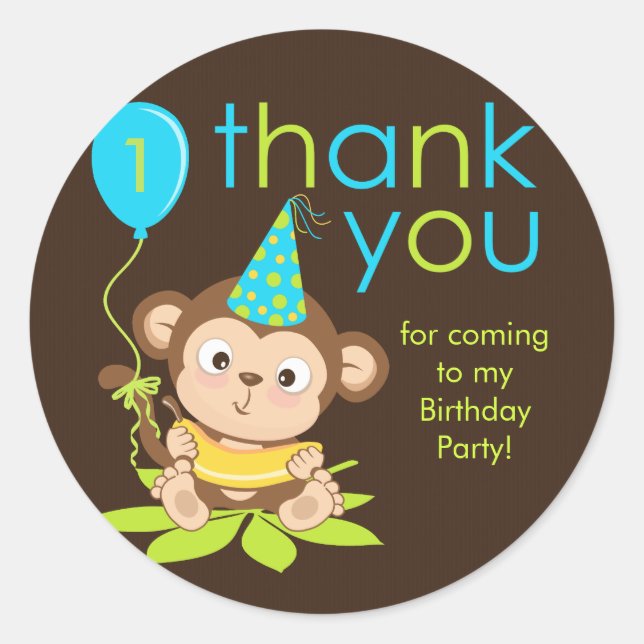 Cute Little Boy Monkey Thank You Sticker (Front)