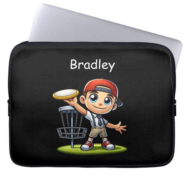 Cute Little Boy Playing Disc Golf Personalised Laptop Sleeve (Front)