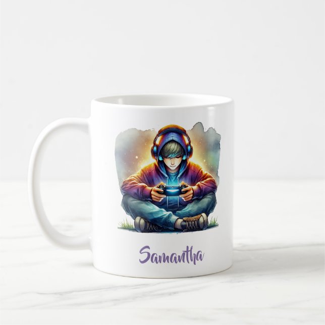 Cute little boy teenager playing video game coffee mug (Left)