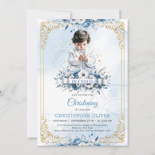 Cute little boy with jewellery white clothes bless invitation (Front)