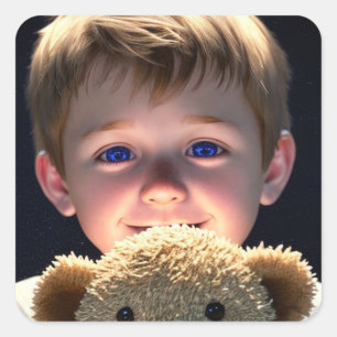 Cute Little Boy with Teddy Bear Square Sticker