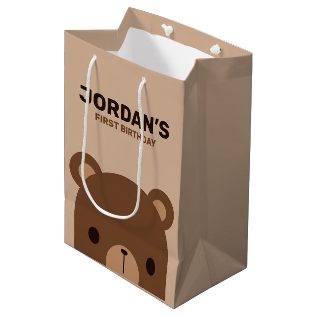 Cute Little Brown Bear Birthday Medium Gift Bag (Front Angled)