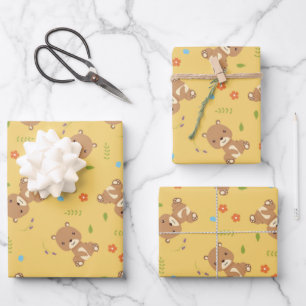 Cute little brown bear with flowers wrapping paper sheet