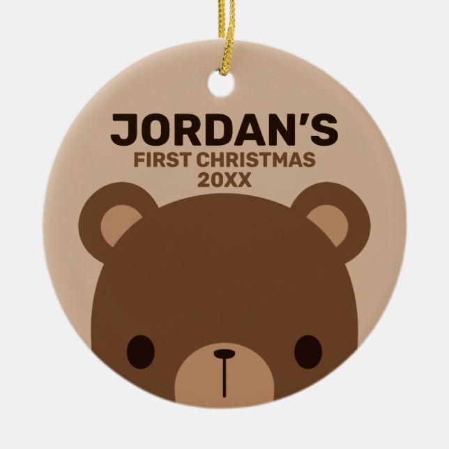 Cute Little Brown Bear with Personalised Name Ceramic Ornament (Front)