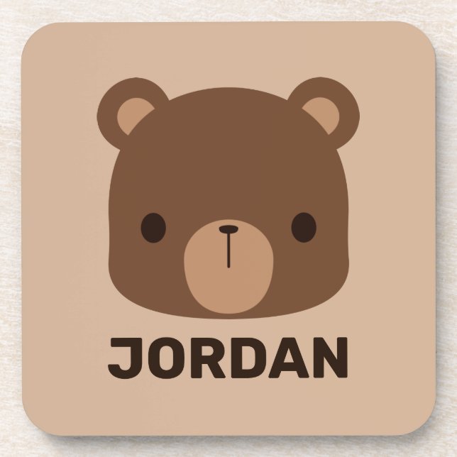 Cute Little Brown Bear with Personalised Name Coaster (Front)