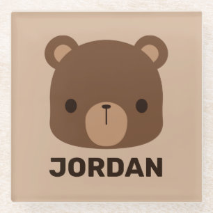 Cute Little Brown Bear with Personalised Name Glass Coaster