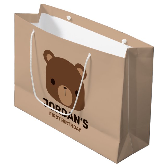 Cute Little Brown Bear with Personalised Name Large Gift Bag (Front Angled)