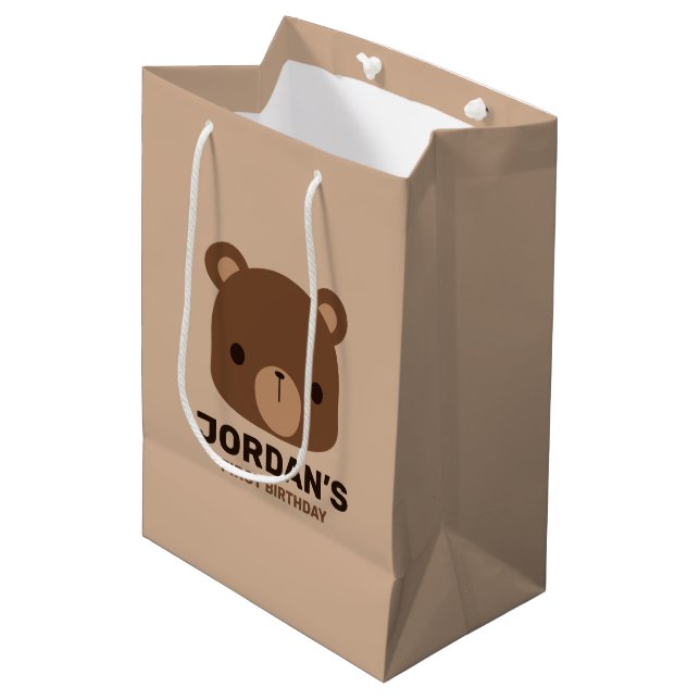 Cute Little Brown Bear with Personalised Name Medium Gift Bag (Front Angled)