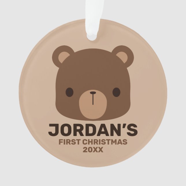 Cute Little Brown Bear with Personalised Name Ornament (Front)