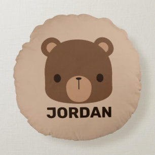 Cute Little Brown Bear with Personalised Name Roun Round Cushion