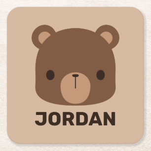 Cute Little Brown Bear with Personalised Name Square Paper Coaster