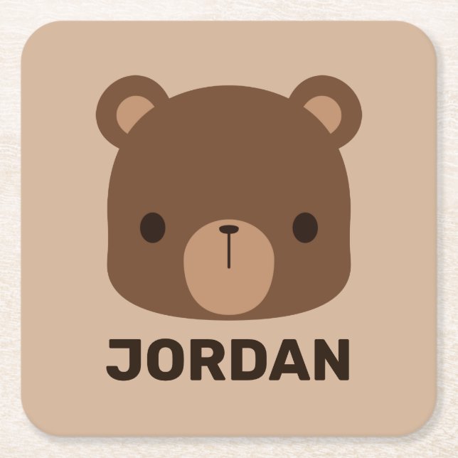 Cute Little Brown Bear with Personalised Name Square Paper Coaster (Front)