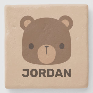 Cute Little Brown Bear with Personalised Name Stone Coaster