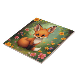 Cute little brown fox in forest ceramic tile