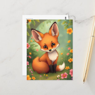 Cute little brown fox in forest postcard