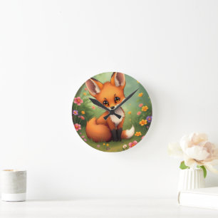 Cute little brown fox in forest round clock