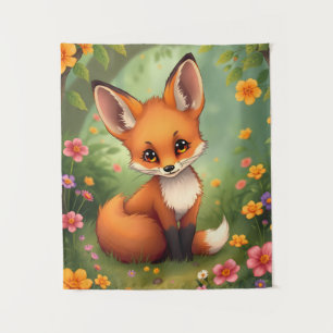 Cute little brown fox in forest tapestry