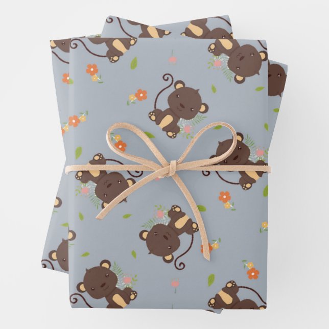 Cute little brown monkey floral blue wrapping paper sheet (In situ)