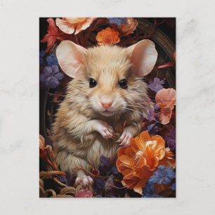 Cute Little Brown Mouse Colourful Flowers Postcard