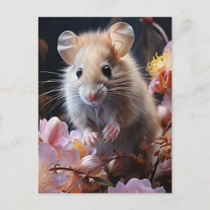 Cute Little Brown Mouse in the Pink Flowers Postcard