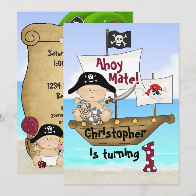 Cute Little Buccaneer ~ Pirate 1st Birthday Invitation (Front/Back)