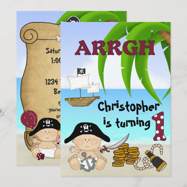 Cute Little Buccaneer ~ Pirate Boy's 1st Birthday Invitation (Front/Back)