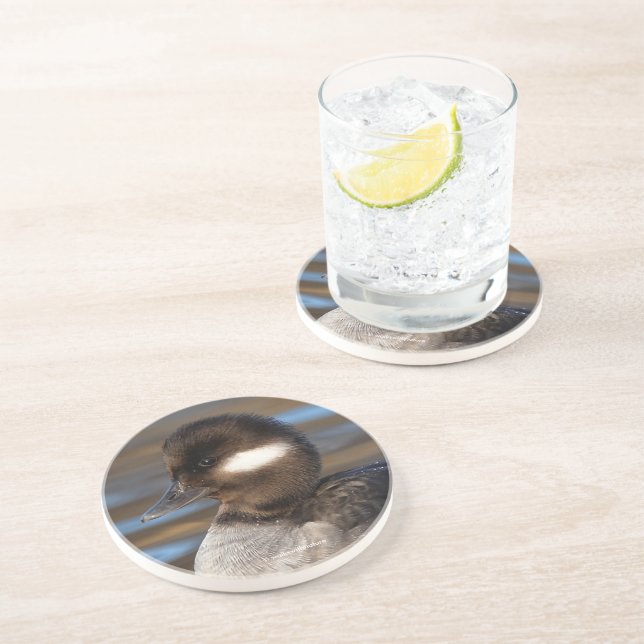 Cute Little Bufflehead Duck on Sunlit Waters Coaster (Side)