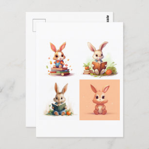 Cute little bunnies reading postcard