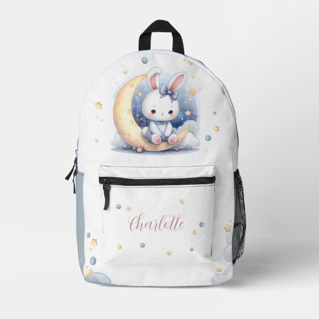 cute little bunny and the moon kids printed backpack (Front)