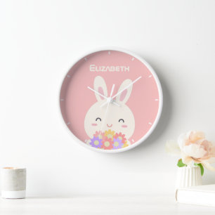Cute Little Bunny Cartoon & Flowers For Girls Pink Clock