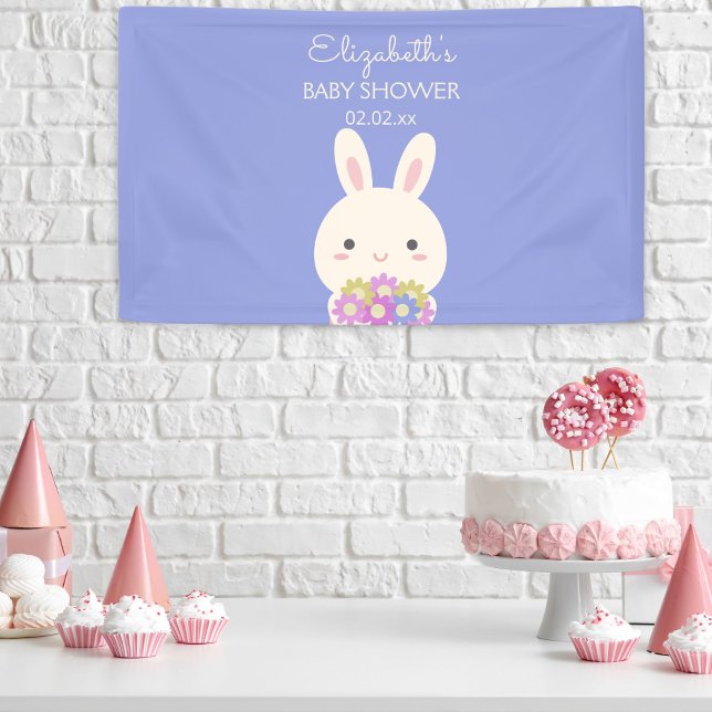 Cute Little Bunny & Flowers Baby Girl Shower Party Banner (Creator Uploaded)