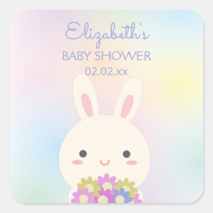 Cute Little Bunny & Flowers Baby Girl Shower Party Square Sticker