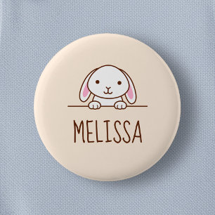 Cute Little Bunny Peeking above Custom Name Beige 6 Cm Round Badge