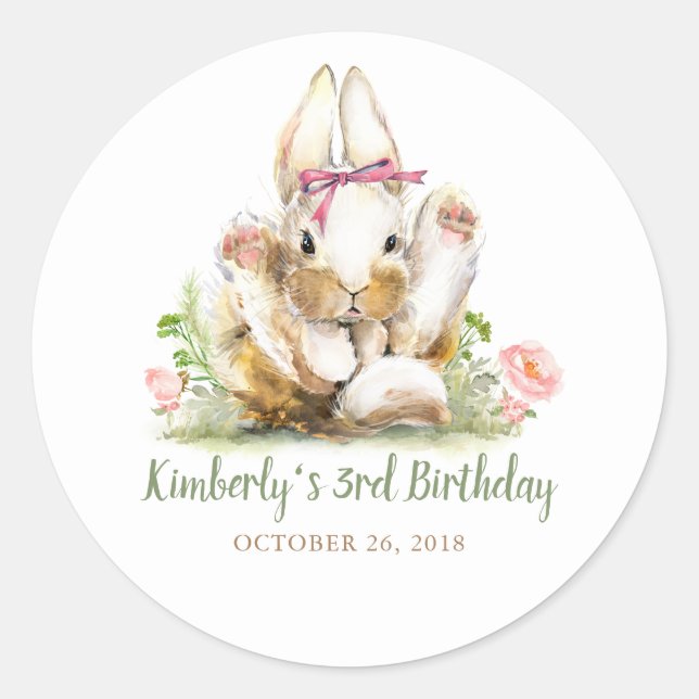Cute Little Bunny Pink Floral Birthday Classic Round Sticker (Front)