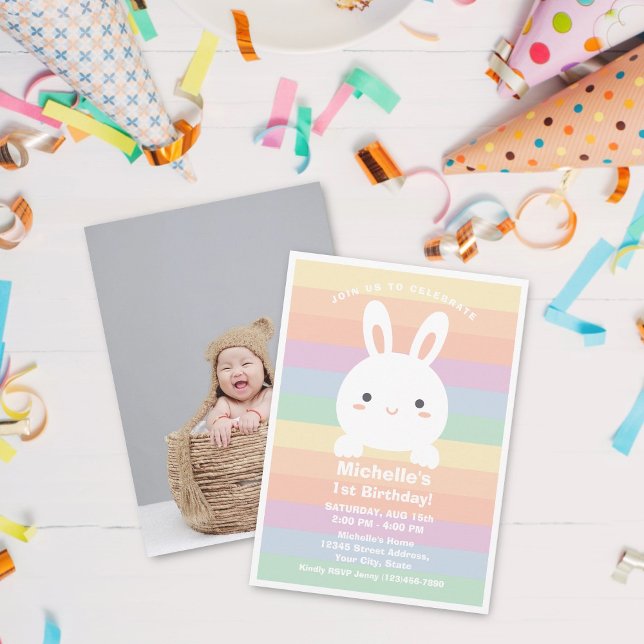 Cute Little Bunny Rainbow Baby 1st Birthday Photo Invitation (Creator Uploaded)