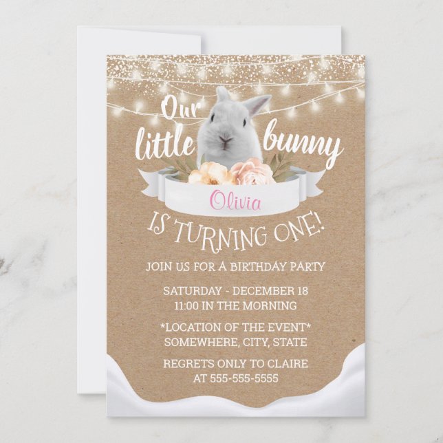 Cute Little Bunny Rustic Kraft First Birthday Invitation (Front)