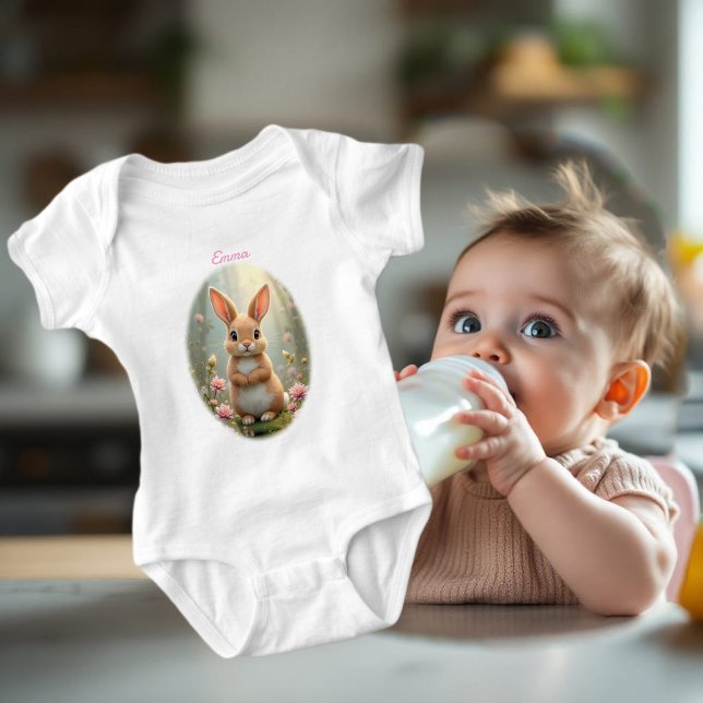 Cute little bunny surrounded by flowers, kids   baby bodysuit (Creator Uploaded)