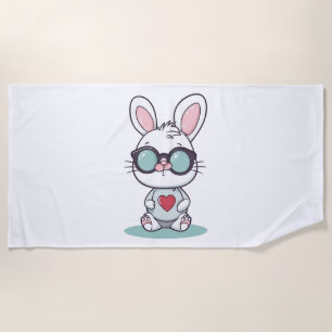 Cute Little Bunny With Glasses Heart Easter Day Beach Towel