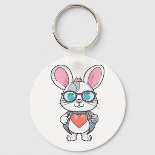 Cute Little Bunny With Glasses Heart Easter Day Key Ring