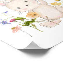 Cute Little Bunny with Pink Balloon & Wildflowers