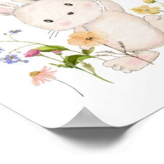 Cute Little Bunny with Pink Balloon & Wildflowers Poster