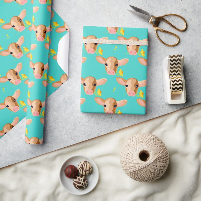 Cute Little Calf Head with Flower - Wrapping Paper (Crafts)