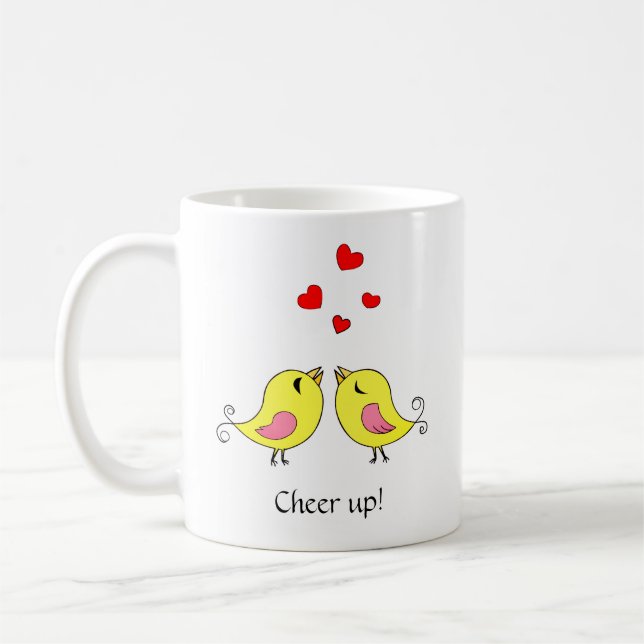 Cute little canary birdies, hearts & calligraphy coffee mug (Left)