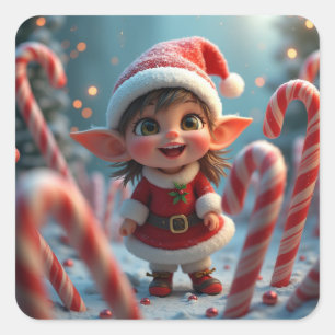 Cute little candy cane elf square sticker