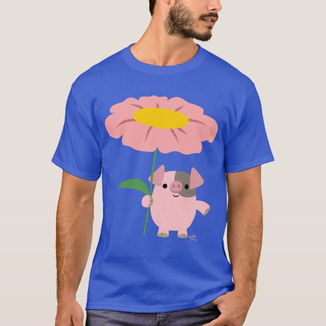 Cute Little Cartoon Pig With Gift (Pink) T-shirt (Front)
